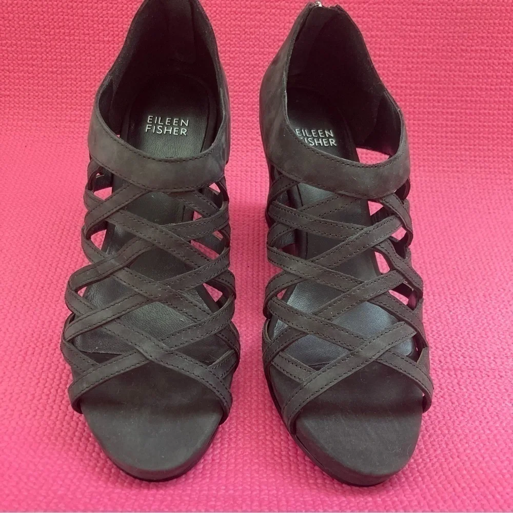 Eileen Fisher Wedge  Women's Sz 7.5 Caged Lattice Back Zip Black Leather
